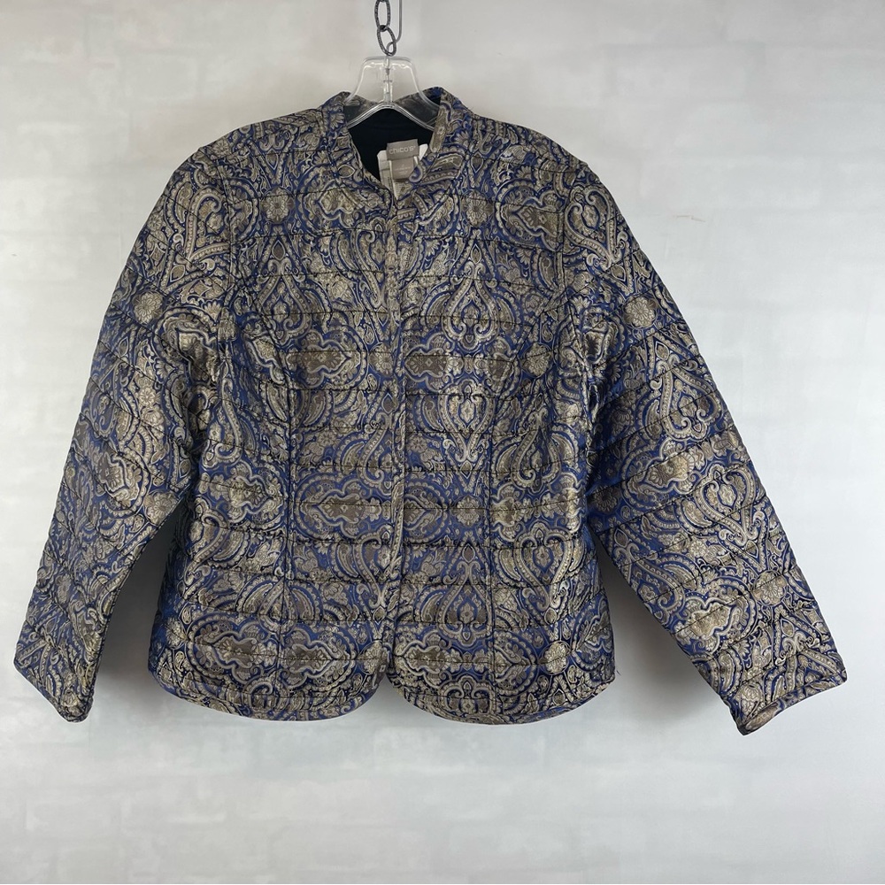 Chico’s‎ Blue Gold Paisley Brocade Jacket Size 2 (L/12-14) Long Sleeve Elegant